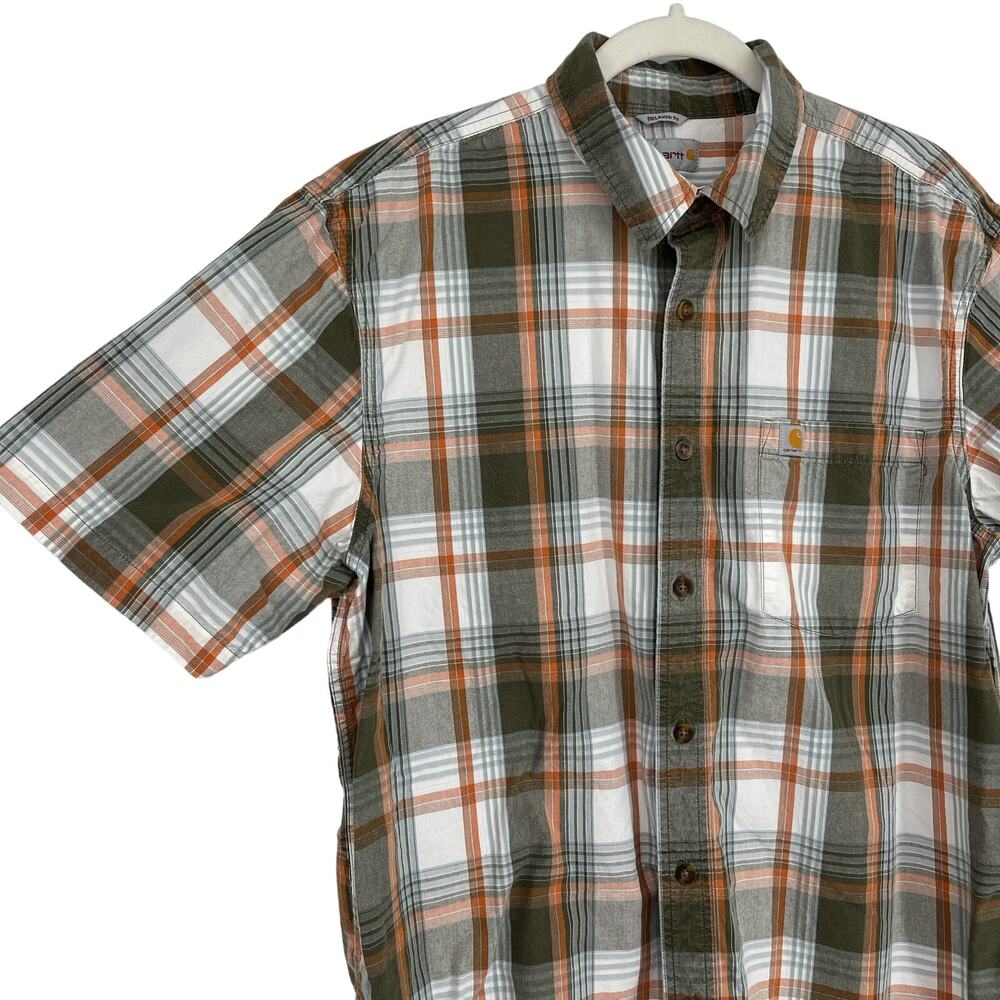 Carhartt Relaxed Fit Plaid Button Down Collared Shirt Men's Large Green Orange - Picture 3 of 7